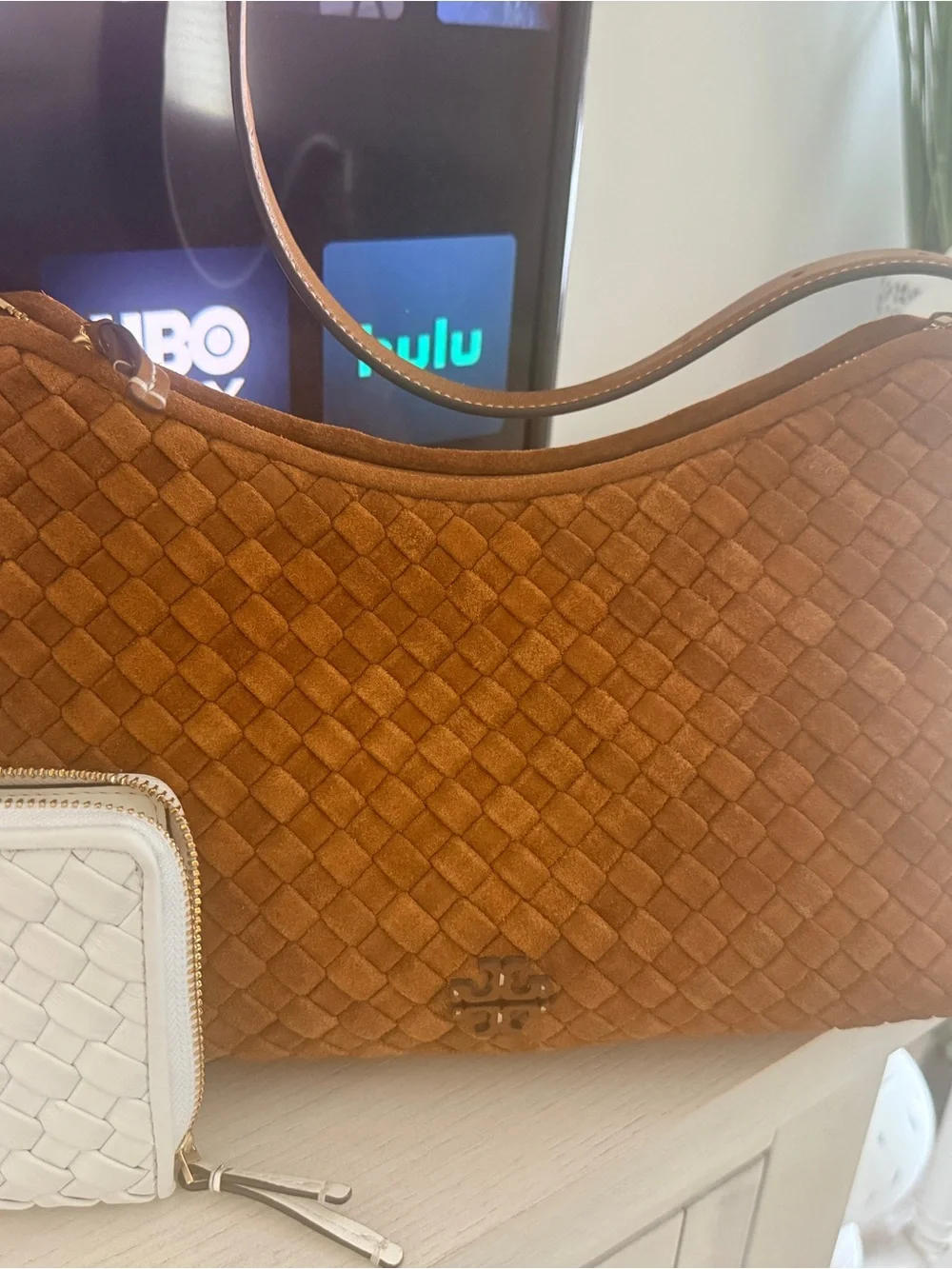 Tory Burch Woven Shoulder Bag in Chestnut Brown with Ivory Wallet